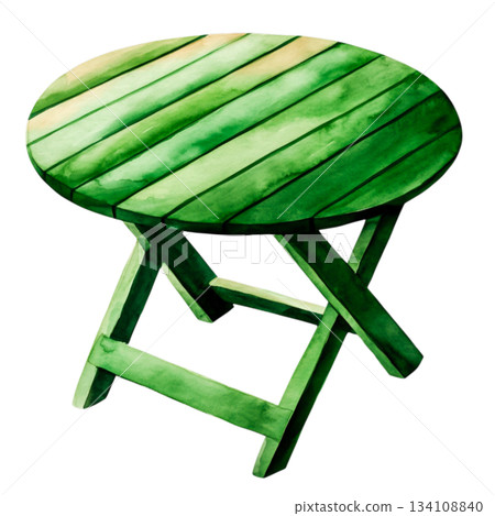 Green Wooden Round Table Illustration Perfect for Outdoor and Garden Settings 134108840