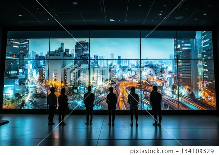 Group of people standing in front of a large digital screen during a presentation or event 134109329