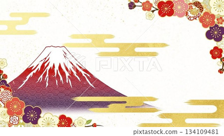 New Year's card frame of Mt. Fuji decorated with Japanese patterned clouds and plum blossoms New Year's card frame of Mt. Fuji decorated with Japanese patterned clouds and plum blossoms 134109481