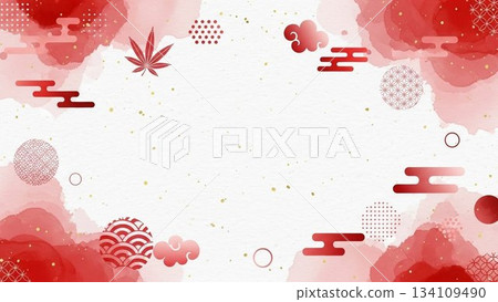 New Year's card frame background featuring red gradation and Japanese patterned clouds 134109490