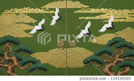 一幅經典的日式設計，描繪了一隻丹頂鶴在綠樹、松樹和金色雲朵的襯托下翱翔的景象。 134109505