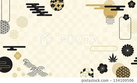 A Japanese modern checkered pattern and Japanese motif background such as pine, bamboo, and plum (beige) 134109506
