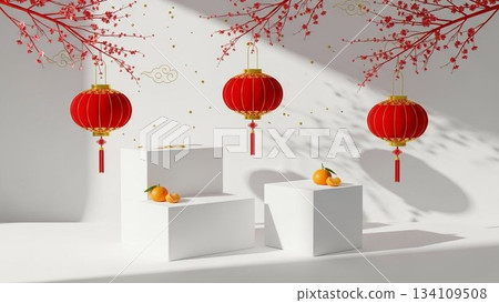 以白色為底，紅色燈籠和橘子的中國新年圖片（3D渲染風格） 134109508