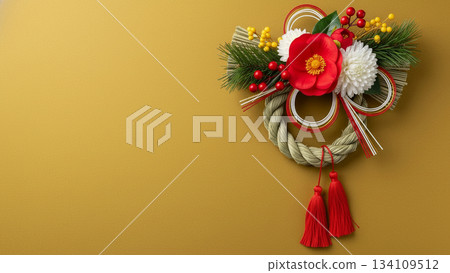 特寫鏡頭展現了精美的日本新年裝飾(注連繩),上面有山茶花、松樹和其他裝飾。 特寫鏡頭展現了精美的日本新年裝飾(注連繩),上面有山茶花、松樹和其他裝飾。 134109512
