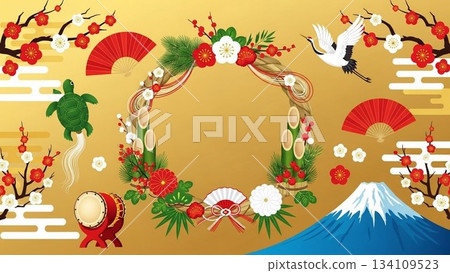 華麗的金色背景日式註連繩裝飾框,飾有富士山、仙鶴、梅花等吉祥圖案。 華麗的金色背景日式註連繩裝飾框,飾有富士山、仙鶴、梅花等吉祥圖案。 134109523