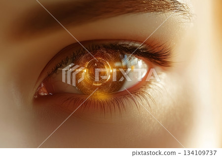Close up of a human eye with light shining through the iris and pupil Close up of a human eye with light shining through the iris and pupil 134109737