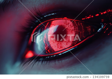Close up of a red eye with a circuit board pattern in the pupil detailing technology and vision Close up of a red eye with a circuit board pattern in the pupil detailing technology and vision 134109739