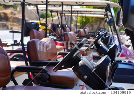 A Line of Golf Carts Ready for Use at a Tournament with a Scenic Background Perfect for Leisurely Rounds of Golfing and Enjoying the Outdoors A Line of Golf Carts Ready for Use at a Tournament with a Scenic Background Perfect for Leisurely Rounds of Golfing and Enjoying the Outdoors 134109919
