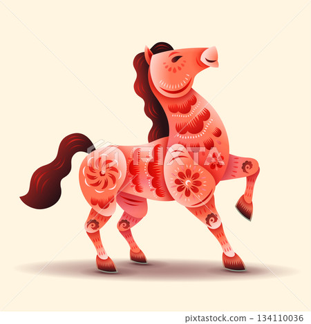 Chinese Oriental Paper Graphic Cut Art of Golden Horse Symbol with Floral Pattern Chinese Oriental Paper Graphic Cut Art of Golden Horse Symbol with Floral Pattern 134110036