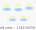 Set of simple vector icons with the sun, waves, and the inscription "Summer Time". Stylized symbols of summer vacation and tourist travel on a transparent background. Eps 10 134110250