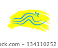 Stylized blue waves with splashes on a yellow brush stroke background. Summer vacation emblem combining a drawing of water and bright paint. Eps 10 134110252