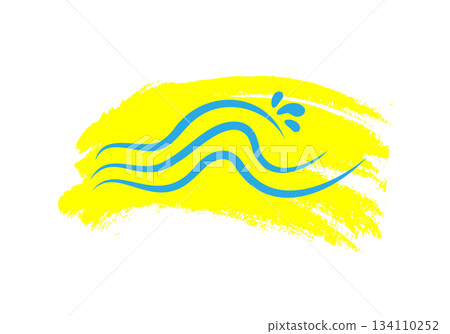 Stylized blue waves with splashes on a yellow brush stroke background. Summer vacation emblem combining a drawing of water and bright paint. Eps 10 134110252