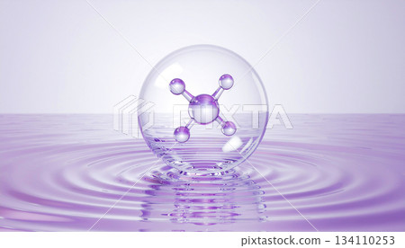 Luxury skincare background with transparent purple beauty molecules floating on the water surface | Moisturizing, firming, and anti-aging care image material 134110253