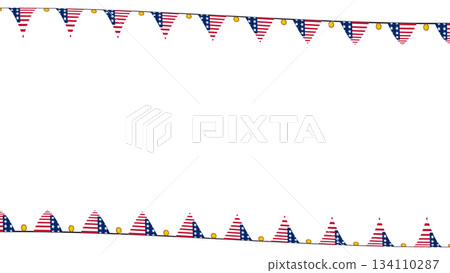 Bunting Flags in Red, White, and Blue Colors Hanging Outdoors for a Festive Celebration in Summer Bunting Flags in Red, White, and Blue Colors Hanging Outdoors for a Festive Celebration in Summer 134110287