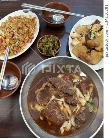 Taiwanese beef noodles with side dishes Taiwanese beef noodles with side dishes 134110291