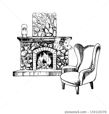 Hand-drawn winter holiday postcard template with cozy stone fireplace, burning fire, stockings, armchair, string lights and decorative stars. Festive vintage sketch for Christmas greeting card design Hand-drawn winter holiday postcard template with cozy stone fireplace, burning fire, stockings, armchair, string lights and decorative stars. Festive vintage sketch for Christmas greeting card design 134110378