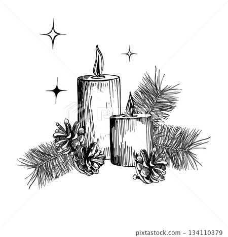 Hand-drawn winter composition with burning candles, pine branches, cones, accented by sparkling stars. Vector vintage illustration for Christmas cards, holiday decor, festive design, graphics Hand-drawn winter composition with burning candles, pine branches, cones, accented by sparkling stars. Vector vintage illustration for Christmas cards, holiday decor, festive design, graphics 134110379