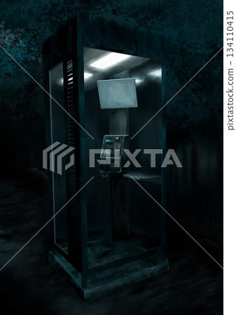 A creepy phone booth in a dimly lit haunted spot 134110415