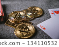 Bitcoin cryptocurrency coins with playing cards showing risk 134110532