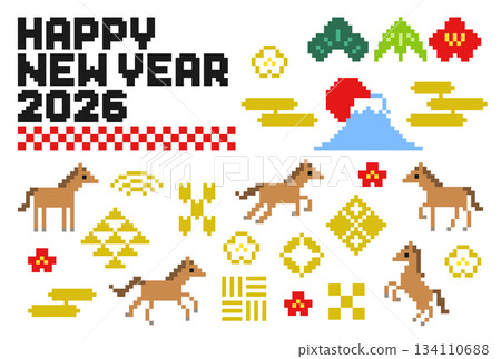 日式點畫風格馬年新年插畫 134110688