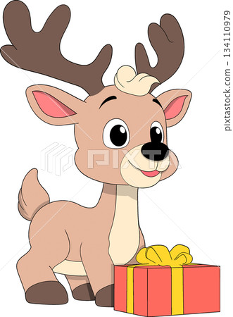 Cute Baby Reindeer Cartoon Holding Colorful Christmas Gift 134110979