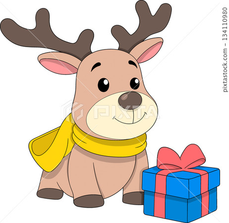 Cute Cartoon Reindeer Wearing Scarf with Christmas Gift Box 134110980