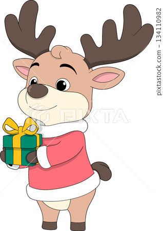 Cute Christmas Reindeer Cartoon Holding Gift Box Illustration Cute Christmas Reindeer Cartoon Holding Gift Box Illustration 134110982