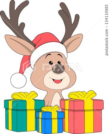 Cute Christmas Reindeer Cartoon with Colorful Gift Boxes 134110985