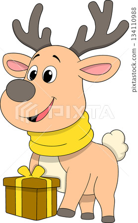 Cute Reindeer Cartoon Holding Gift Box Christmas Illustration Cute Reindeer Cartoon Holding Gift Box Christmas Illustration 134110988