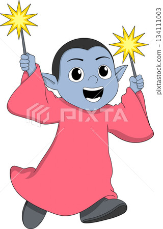 Cute Magical Elf Celebrating New Year with Spark Wands Cute Magical Elf Celebrating New Year with Spark Wands 134111003