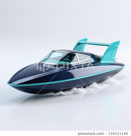Sleek futuristic speedboat glides on water with vibrant teal accents. 134111140