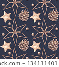 Seamless pattern with spruce fir cones, wooden stars and bead balls. Christmas New Year gnome collection. Hand draw watercolor illustration dark background. Textile, print, wrapping paper 134111401