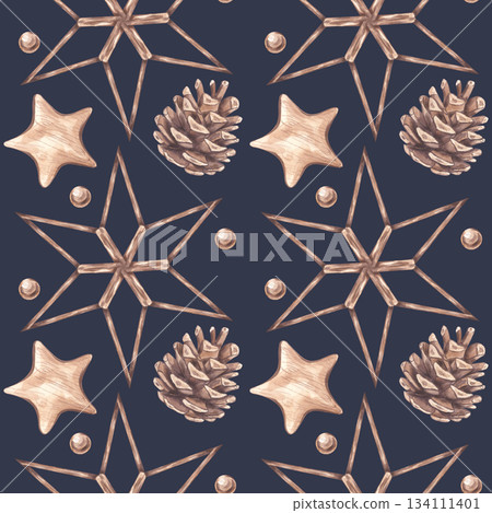 Seamless pattern with spruce fir cones, wooden stars and bead balls. Christmas New Year gnome collection. Hand draw watercolor illustration dark background. Textile, print, wrapping paper Seamless pattern with spruce fir cones, wooden stars and bead balls. Christmas New Year gnome collection. Hand draw watercolor illustration dark background. Textile, print, wrapping paper 134111401