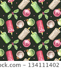Christmas seamless pattern. Tree balls red green silver, burning wax candles with holly leaves berries. Bright and colorful New Year decorations. Hand drawn watercolor illustration dark background. 134111402