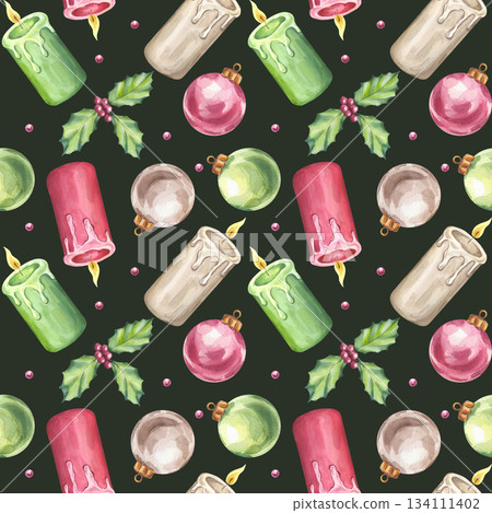 Christmas seamless pattern. Tree balls red green silver, burning wax candles with holly leaves berries. Bright and colorful New Year decorations. Hand drawn watercolor illustration dark background. Christmas seamless pattern. Tree balls red green silver, burning wax candles with holly leaves berries. Bright and colorful New Year decorations. Hand drawn watercolor illustration dark background. 134111402