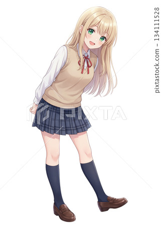 Full-body portrait of a long-haired blonde female high school student character Full-body portrait of a long-haired blonde female high school student character 134111528