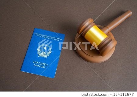 Vietnamese passport and judge's gavel. Court and protection of the rights of citizens. Visa regulation, and migration law enforcement. Citizenship and right of residence. 134111677