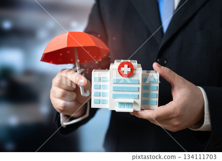 Hospital and insurance umbrella. Medical insurance, charitable financing of medical institutions. Healthcare protection and financial support. Patient coverage and medical funding Hospital and insurance umbrella. Medical insurance, charitable financing of medical institutions. Healthcare protection and financial support. Patient coverage and medical funding 134111703