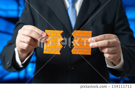 A businessman breaks down a brick wall. Break the paradigm, go beyond the boundaries. Overcome barriers and challenges. Innovation breakthrough. Leadership, motivational and corporate transformation. A businessman breaks down a brick wall. Break the paradigm, go beyond the boundaries. Overcome barriers and challenges. Innovation breakthrough. Leadership, motivational and corporate transformation. 134111711
