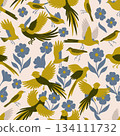 High quality, vector bird and flower pattern perfect for fabric, packaging, branding, social media, and textile print. Fully scalable and editable. 134111732