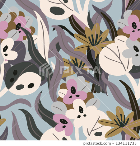 Vector botanical flower and leaf pattern perfect for fabric, packaging, branding, social media, and textile print. Fully scalable and editable. Vector botanical flower and leaf pattern perfect for fabric, packaging, branding, social media, and textile print. Fully scalable and editable. 134111733