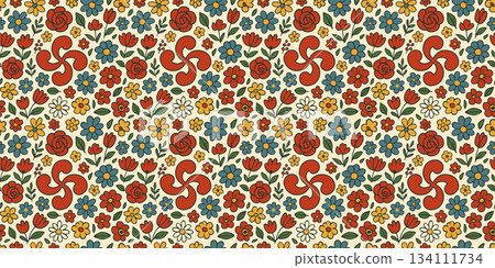 Decorative seamless print with lauburu basque crosses surrounded by colorful flowers on light yellow background Decorative seamless print with lauburu basque crosses surrounded by colorful flowers on light yellow background 134111734