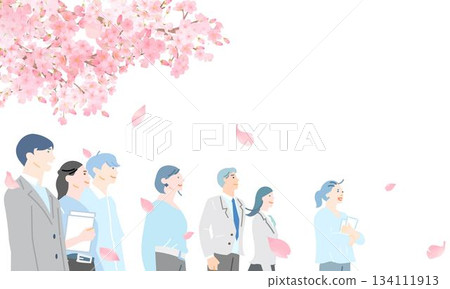 櫻花下的男女——側臉——上半身——新生——簡約向量插圖，背景是飄落的櫻花和人群。 134111913