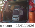 Pet travel carrier placed in the trunk of a car, ready for transportation with soft lighting and cozy atmosphere. 134111926