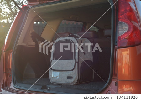 Pet travel carrier placed in the trunk of a car, ready for transportation with soft lighting and cozy atmosphere. 134111926