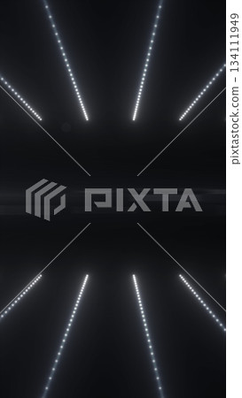 Sleek futuristic scene with rows of white LED light beams converging into a dark minimalistic space 134111949