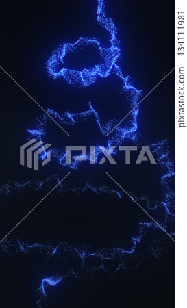 Glowing blue particle trails forming spiral waves on a dark background 134111981