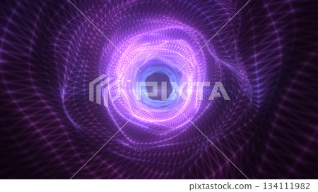 Abstract glowing purple tunnel made of digital mesh lines converging toward a bright center Abstract glowing purple tunnel made of digital mesh lines converging toward a bright center 134111982