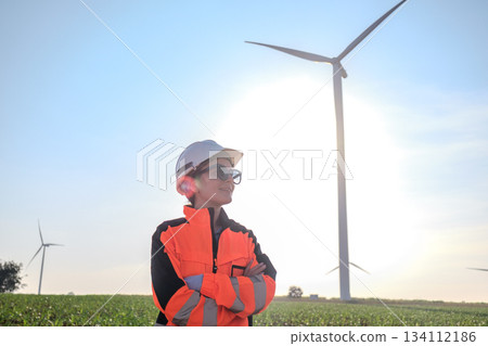 Engineer working at Wind turbine fields Engineer working at Wind turbine fields 134112186