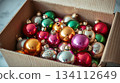 A collection of retro ornaments lies packed in a worn festive box. Memory, warmth, and sentimental seasonal spirit. 134112649